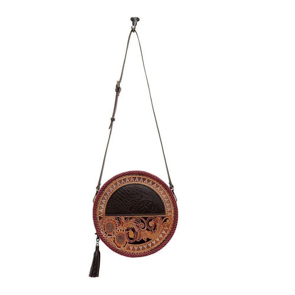 Myra Bag Handmade Coffee Round Bag Upcycled Canvas & Cowhide Leather - Picture 4 of 7